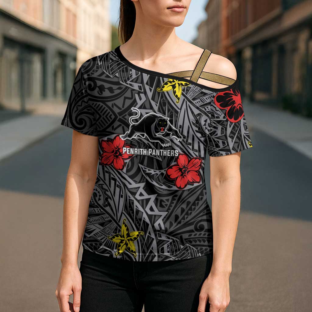 Personalised Penrith Panthers Cross Shoulder Shirt Polynesian Tribal Pattern With Rugby Panther Mascot Art