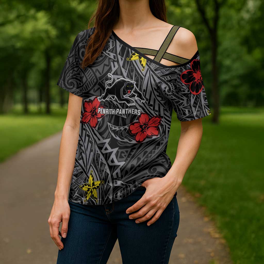 Personalised Penrith Panthers Cross Shoulder Shirt Polynesian Tribal Pattern With Rugby Panther Mascot Art