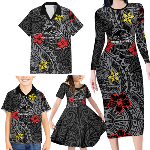 Personalised Penrith Panthers Family Matching Long Sleeve Bodycon Dress and Hawaiian Shirt Polynesian Tribal Pattern With Rugby Panther Mascot Art