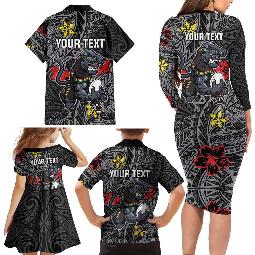 Personalised Penrith Panthers Family Matching Long Sleeve Bodycon Dress and Hawaiian Shirt Polynesian Tribal Pattern With Rugby Panther Mascot Art