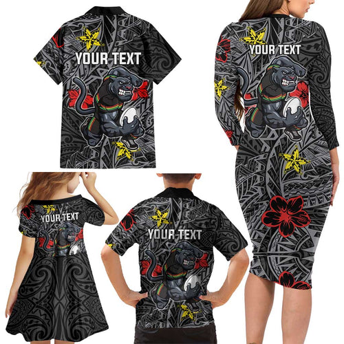 Personalised Penrith Panthers Family Matching Long Sleeve Bodycon Dress and Hawaiian Shirt Polynesian Tribal Pattern With Rugby Panther Mascot Art