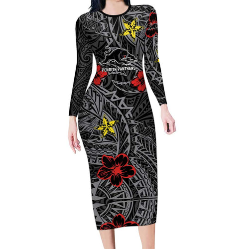 Personalised Penrith Panthers Family Matching Long Sleeve Bodycon Dress and Hawaiian Shirt Polynesian Tribal Pattern With Rugby Panther Mascot Art
