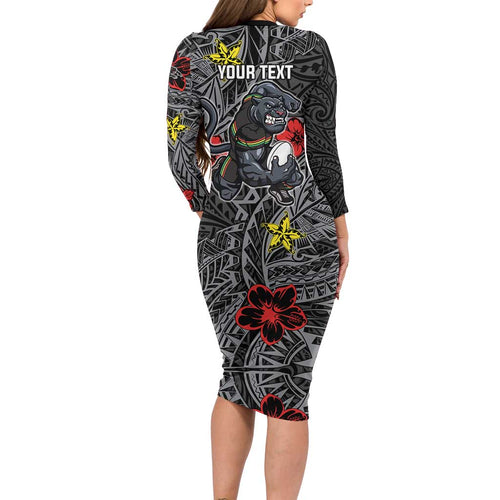 Personalised Penrith Panthers Family Matching Long Sleeve Bodycon Dress and Hawaiian Shirt Polynesian Tribal Pattern With Rugby Panther Mascot Art