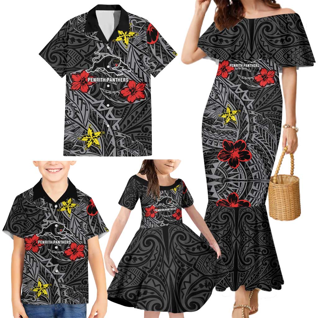 Personalised Penrith Panthers Family Matching Mermaid Dress and Hawaiian Shirt Polynesian Tribal Pattern With Rugby Panther Mascot Art