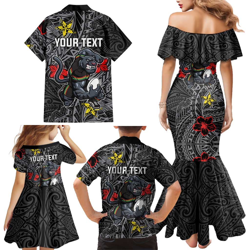 Personalised Penrith Panthers Family Matching Mermaid Dress and Hawaiian Shirt Polynesian Tribal Pattern With Rugby Panther Mascot Art