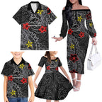 Personalised Penrith Panthers Family Matching Off The Shoulder Long Sleeve Dress and Hawaiian Shirt Polynesian Tribal Pattern With Rugby Panther Mascot Art