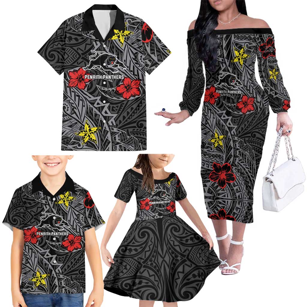 Personalised Penrith Panthers Family Matching Off The Shoulder Long Sleeve Dress and Hawaiian Shirt Polynesian Tribal Pattern With Rugby Panther Mascot Art
