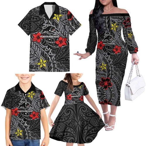 Personalised Penrith Panthers Family Matching Off The Shoulder Long Sleeve Dress and Hawaiian Shirt Polynesian Tribal Pattern With Rugby Panther Mascot Art