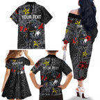 Personalised Penrith Panthers Family Matching Off The Shoulder Long Sleeve Dress and Hawaiian Shirt Polynesian Tribal Pattern With Rugby Panther Mascot Art
