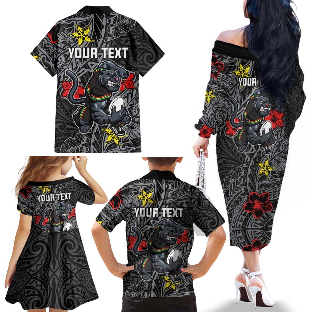 Personalised Penrith Panthers Family Matching Off The Shoulder Long Sleeve Dress and Hawaiian Shirt Polynesian Tribal Pattern With Rugby Panther Mascot Art
