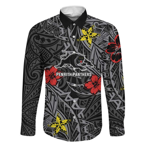 Personalised Penrith Panthers Family Matching Off The Shoulder Long Sleeve Dress and Hawaiian Shirt Polynesian Tribal Pattern With Rugby Panther Mascot Art