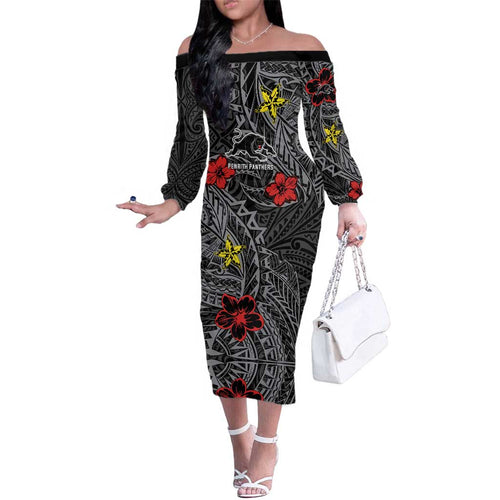 Personalised Penrith Panthers Family Matching Off The Shoulder Long Sleeve Dress and Hawaiian Shirt Polynesian Tribal Pattern With Rugby Panther Mascot Art
