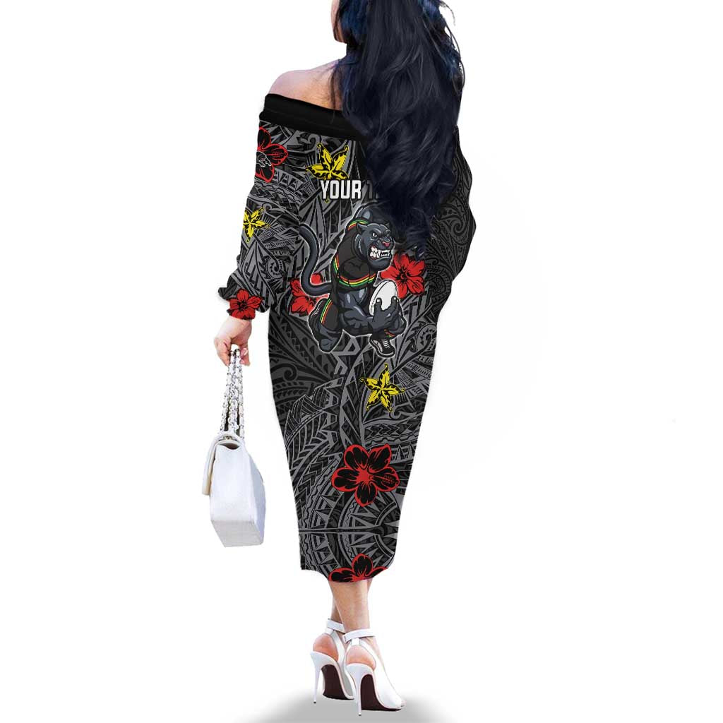 Personalised Penrith Panthers Family Matching Off The Shoulder Long Sleeve Dress and Hawaiian Shirt Polynesian Tribal Pattern With Rugby Panther Mascot Art