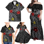 Personalised Penrith Panthers Family Matching Off Shoulder Maxi Dress and Hawaiian Shirt Polynesian Tribal Pattern With Rugby Panther Mascot Art