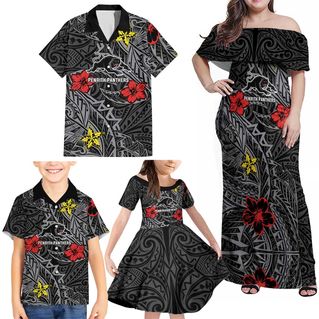 Personalised Penrith Panthers Family Matching Off Shoulder Maxi Dress and Hawaiian Shirt Polynesian Tribal Pattern With Rugby Panther Mascot Art