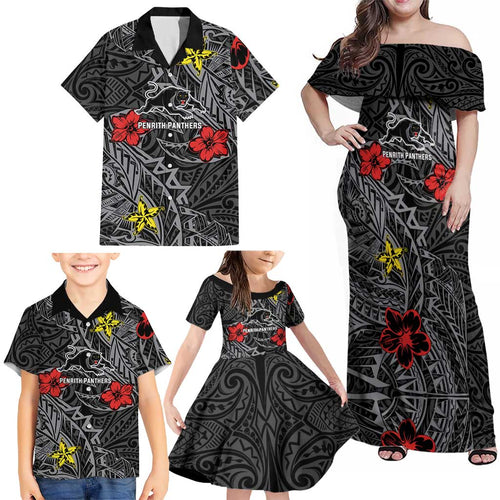 Personalised Penrith Panthers Family Matching Off Shoulder Maxi Dress and Hawaiian Shirt Polynesian Tribal Pattern With Rugby Panther Mascot Art