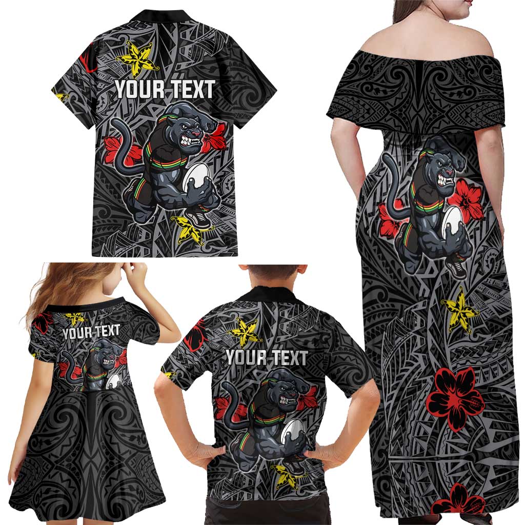 Personalised Penrith Panthers Family Matching Off Shoulder Maxi Dress and Hawaiian Shirt Polynesian Tribal Pattern With Rugby Panther Mascot Art