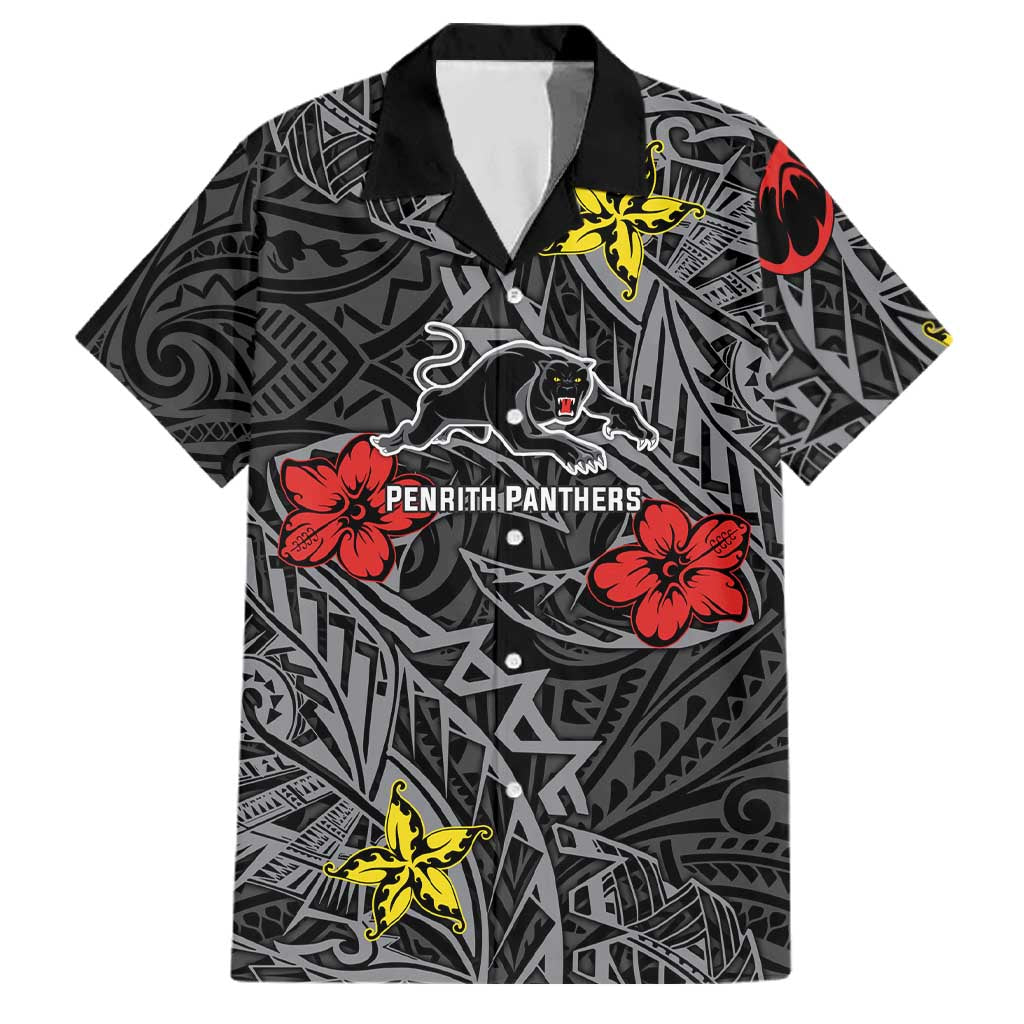 Personalised Penrith Panthers Family Matching Off Shoulder Maxi Dress and Hawaiian Shirt Polynesian Tribal Pattern With Rugby Panther Mascot Art