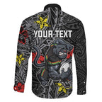 Personalised Penrith Panthers Family Matching Off Shoulder Maxi Dress and Hawaiian Shirt Polynesian Tribal Pattern With Rugby Panther Mascot Art