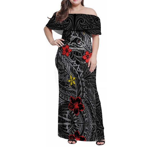 Personalised Penrith Panthers Family Matching Off Shoulder Maxi Dress and Hawaiian Shirt Polynesian Tribal Pattern With Rugby Panther Mascot Art