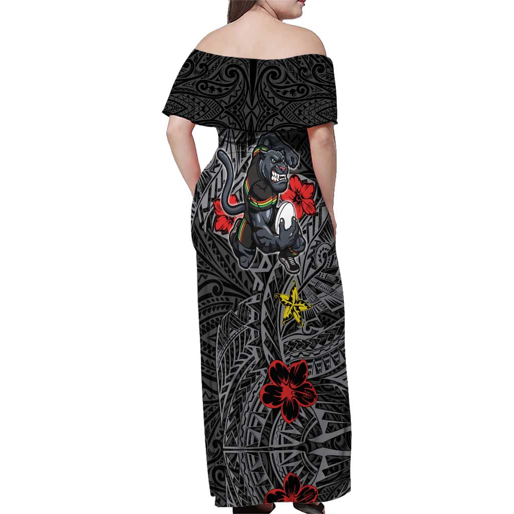 Personalised Penrith Panthers Family Matching Off Shoulder Maxi Dress and Hawaiian Shirt Polynesian Tribal Pattern With Rugby Panther Mascot Art