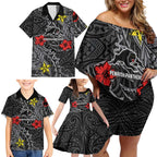Personalised Penrith Panthers Family Matching Off Shoulder Short Dress and Hawaiian Shirt Polynesian Tribal Pattern With Rugby Panther Mascot Art