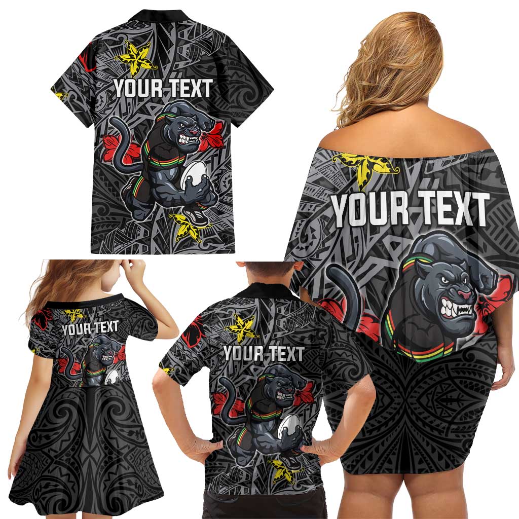 Personalised Penrith Panthers Family Matching Off Shoulder Short Dress and Hawaiian Shirt Polynesian Tribal Pattern With Rugby Panther Mascot Art
