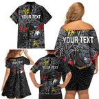 Personalised Penrith Panthers Family Matching Off Shoulder Short Dress and Hawaiian Shirt Polynesian Tribal Pattern With Rugby Panther Mascot Art