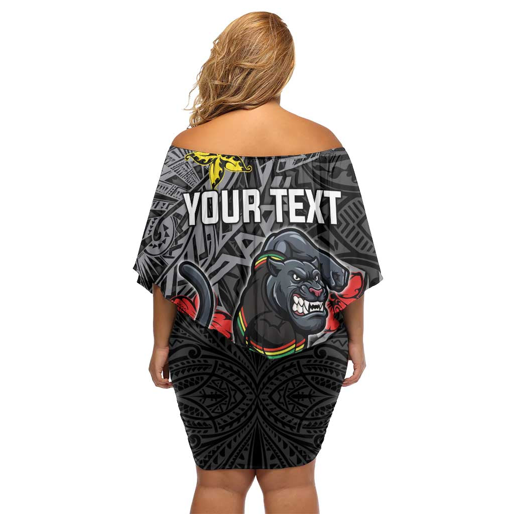 Personalised Penrith Panthers Family Matching Off Shoulder Short Dress and Hawaiian Shirt Polynesian Tribal Pattern With Rugby Panther Mascot Art