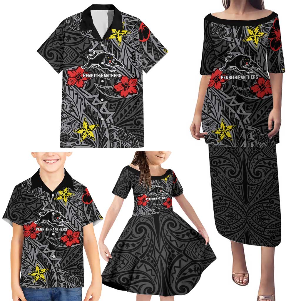 Personalised Penrith Panthers Family Matching Puletasi and Hawaiian Shirt Polynesian Tribal Pattern With Rugby Panther Mascot Art