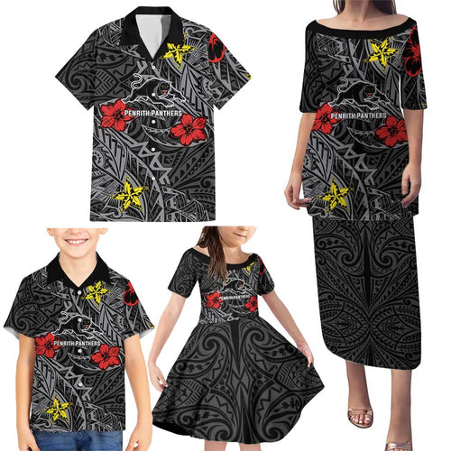 Personalised Penrith Panthers Family Matching Puletasi and Hawaiian Shirt Polynesian Tribal Pattern With Rugby Panther Mascot Art