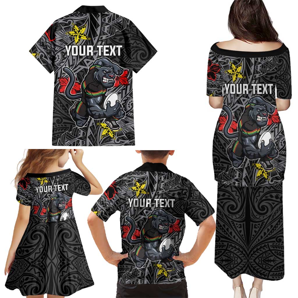Personalised Penrith Panthers Family Matching Puletasi and Hawaiian Shirt Polynesian Tribal Pattern With Rugby Panther Mascot Art