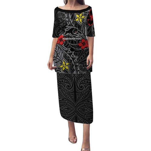 Personalised Penrith Panthers Family Matching Puletasi and Hawaiian Shirt Polynesian Tribal Pattern With Rugby Panther Mascot Art