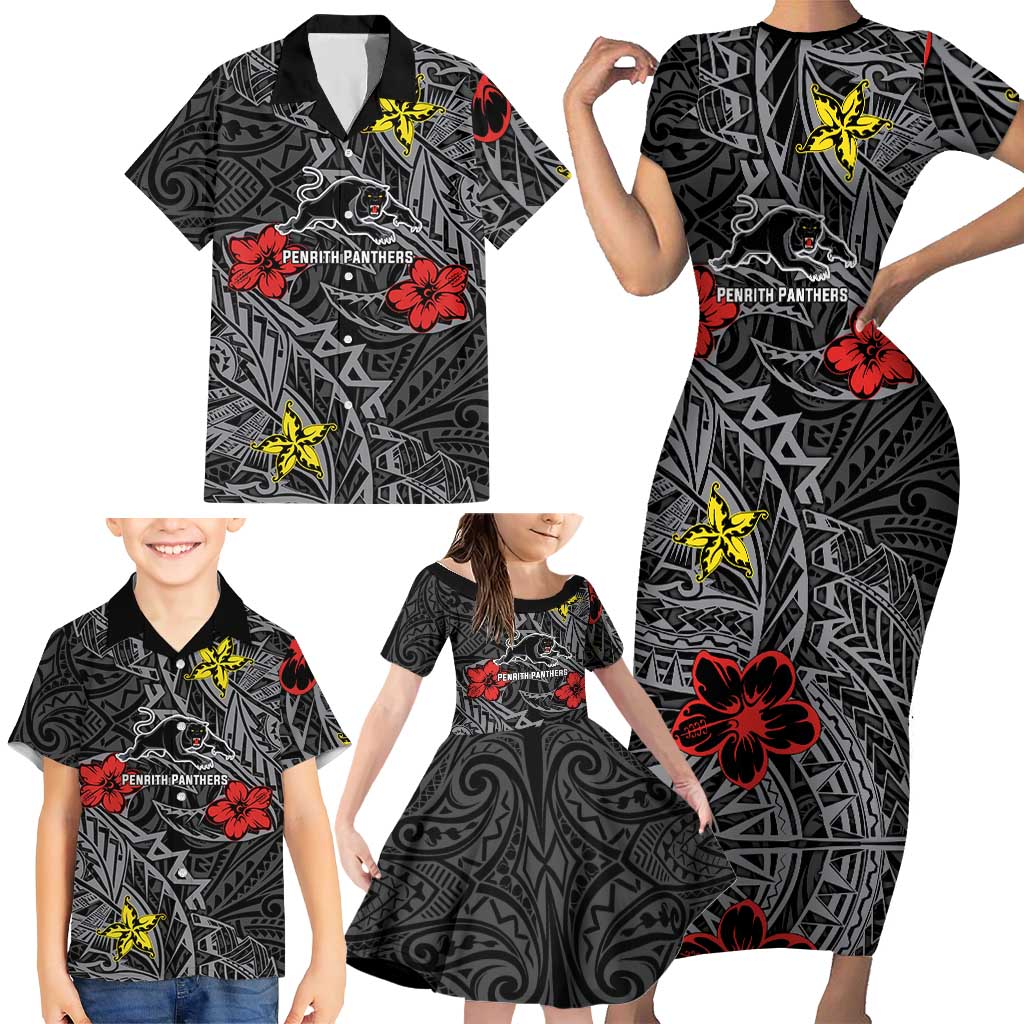Personalised Penrith Panthers Family Matching Short Sleeve Bodycon Dress and Hawaiian Shirt Polynesian Tribal Pattern With Rugby Panther Mascot Art