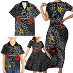 Personalised Penrith Panthers Family Matching Short Sleeve Bodycon Dress and Hawaiian Shirt Polynesian Tribal Pattern With Rugby Panther Mascot Art