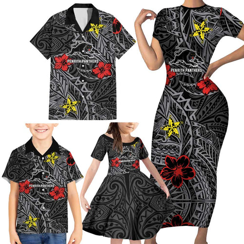 Personalised Penrith Panthers Family Matching Short Sleeve Bodycon Dress and Hawaiian Shirt Polynesian Tribal Pattern With Rugby Panther Mascot Art