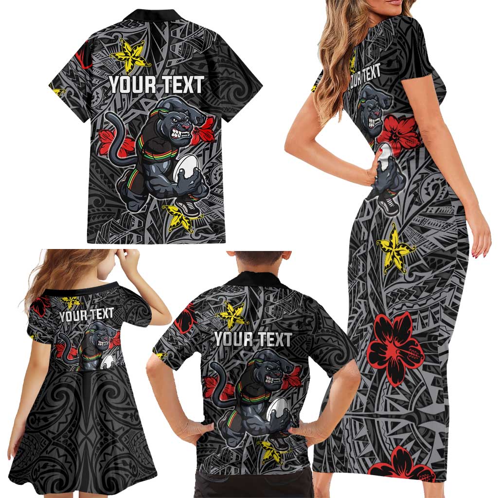 Personalised Penrith Panthers Family Matching Short Sleeve Bodycon Dress and Hawaiian Shirt Polynesian Tribal Pattern With Rugby Panther Mascot Art