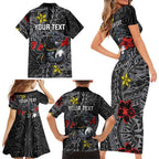 Personalised Penrith Panthers Family Matching Short Sleeve Bodycon Dress and Hawaiian Shirt Polynesian Tribal Pattern With Rugby Panther Mascot Art