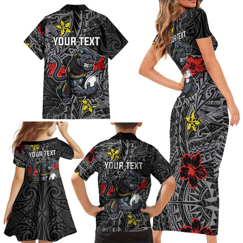 Personalised Penrith Panthers Family Matching Short Sleeve Bodycon Dress and Hawaiian Shirt Polynesian Tribal Pattern With Rugby Panther Mascot Art