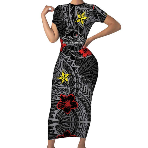 Personalised Penrith Panthers Family Matching Short Sleeve Bodycon Dress and Hawaiian Shirt Polynesian Tribal Pattern With Rugby Panther Mascot Art