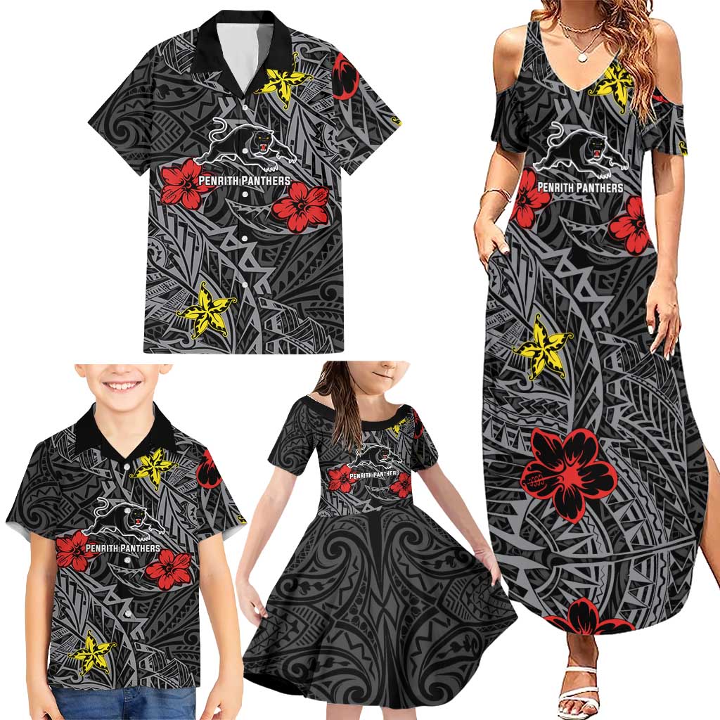Personalised Penrith Panthers Family Matching Summer Maxi Dress and Hawaiian Shirt Polynesian Tribal Pattern With Rugby Panther Mascot Art