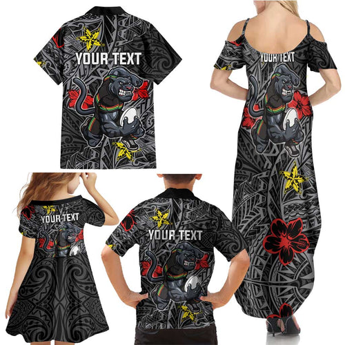Personalised Penrith Panthers Family Matching Summer Maxi Dress and Hawaiian Shirt Polynesian Tribal Pattern With Rugby Panther Mascot Art