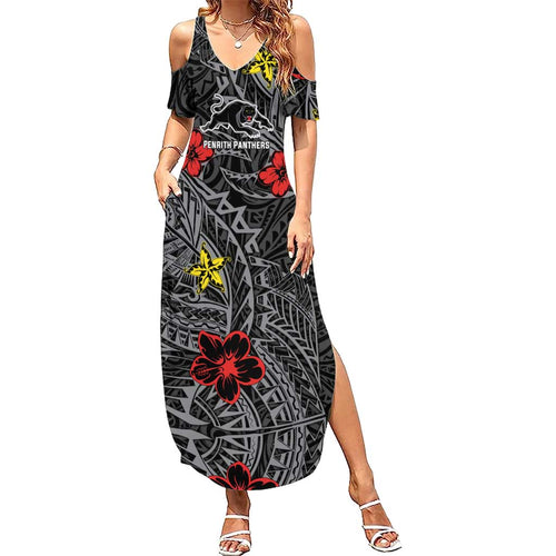 Personalised Penrith Panthers Family Matching Summer Maxi Dress and Hawaiian Shirt Polynesian Tribal Pattern With Rugby Panther Mascot Art