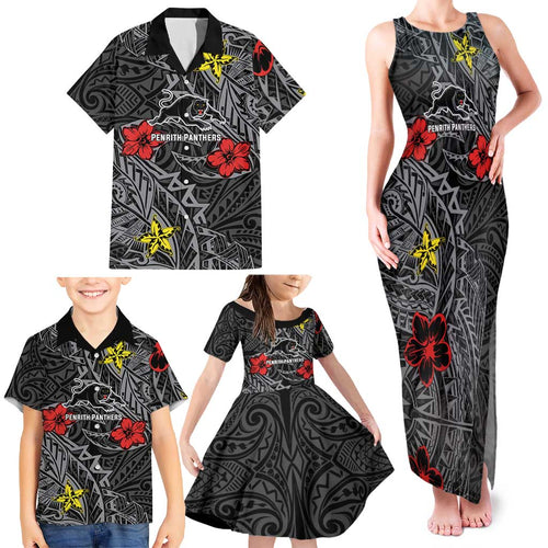 Personalised Penrith Panthers Family Matching Tank Maxi Dress and Hawaiian Shirt Polynesian Tribal Pattern With Rugby Panther Mascot Art