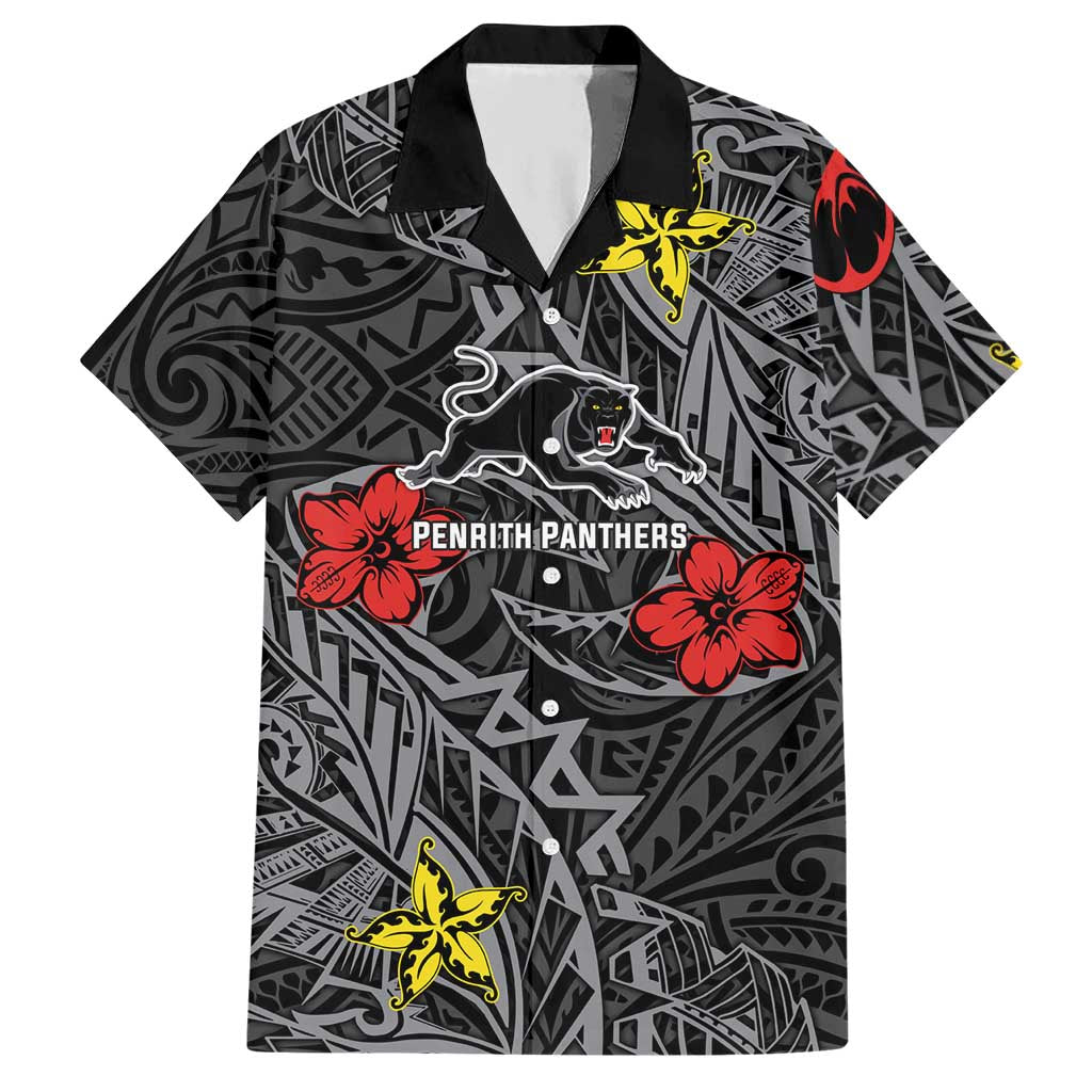 Personalised Penrith Panthers Hawaiian Shirt Polynesian Tribal Pattern With Rugby Panther Mascot Art