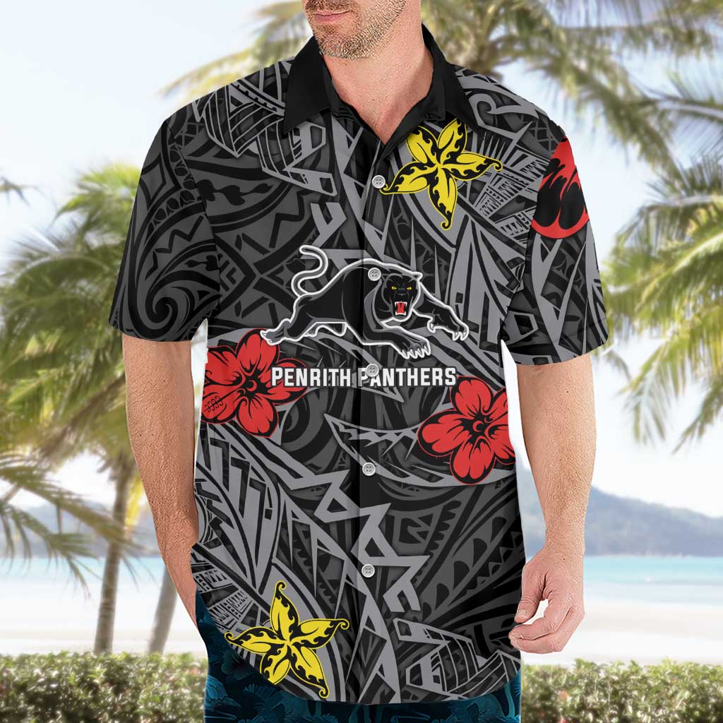 Personalised Penrith Panthers Hawaiian Shirt Polynesian Tribal Pattern With Rugby Panther Mascot Art