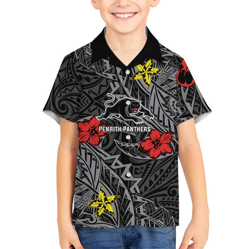 Personalised Penrith Panthers Hawaiian Shirt Polynesian Tribal Pattern With Rugby Panther Mascot Art