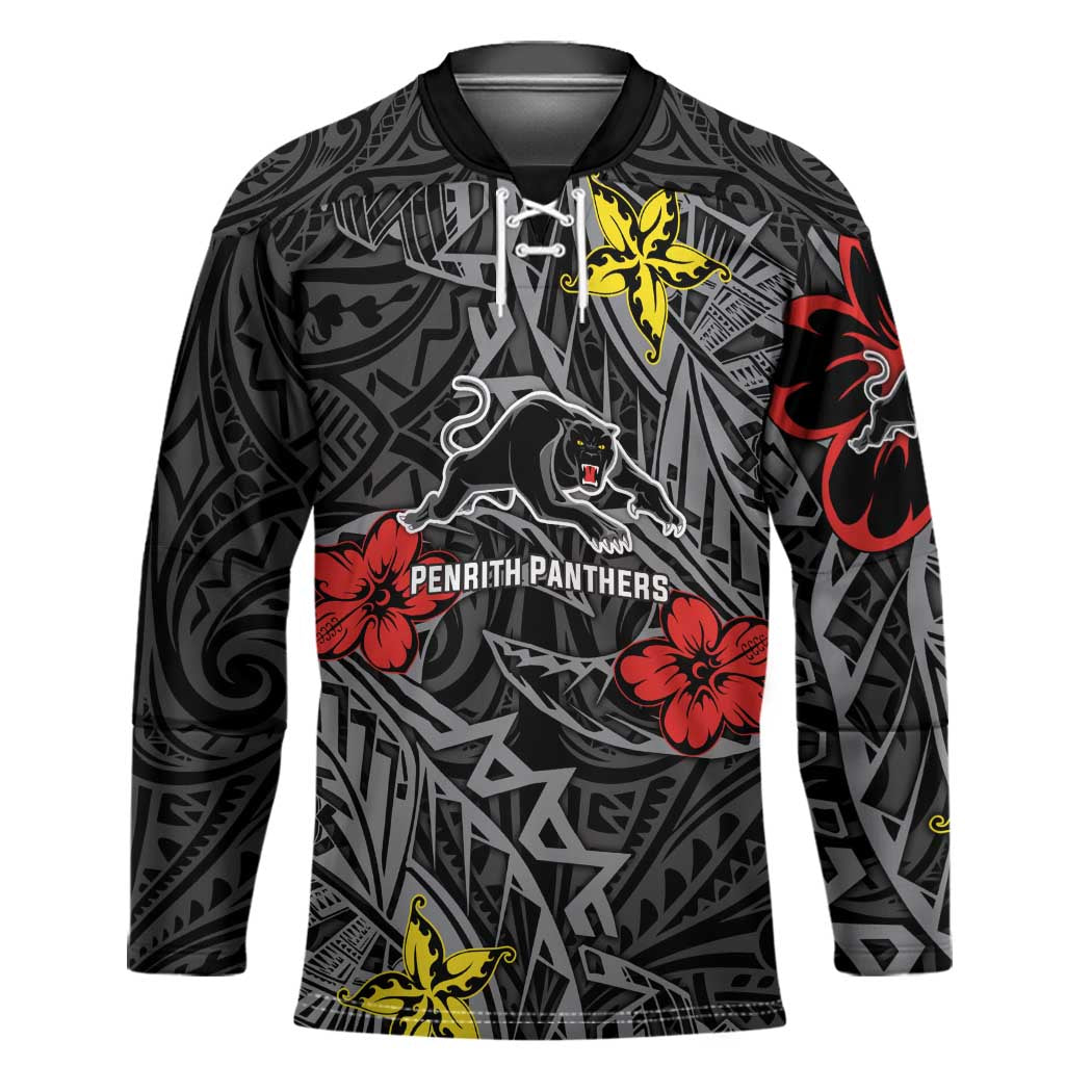 Personalised Penrith Panthers Hockey Jersey Polynesian Tribal Pattern With Rugby Panther Mascot Art
