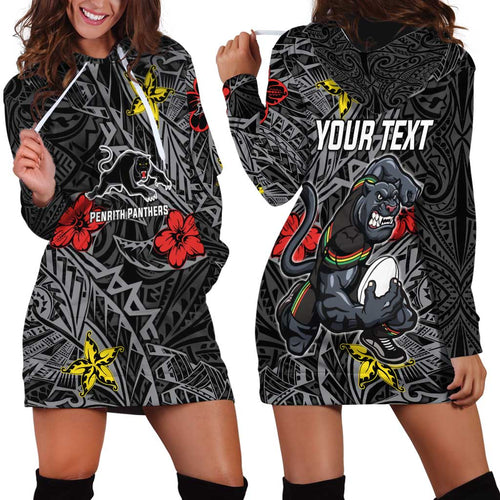 Personalised Penrith Panthers Hoodie Dress Polynesian Tribal Pattern With Rugby Panther Mascot Art