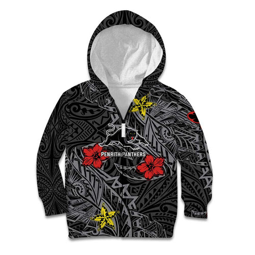 Personalised Penrith Panthers Kid Hoodie Polynesian Tribal Pattern With Rugby Panther Mascot Art